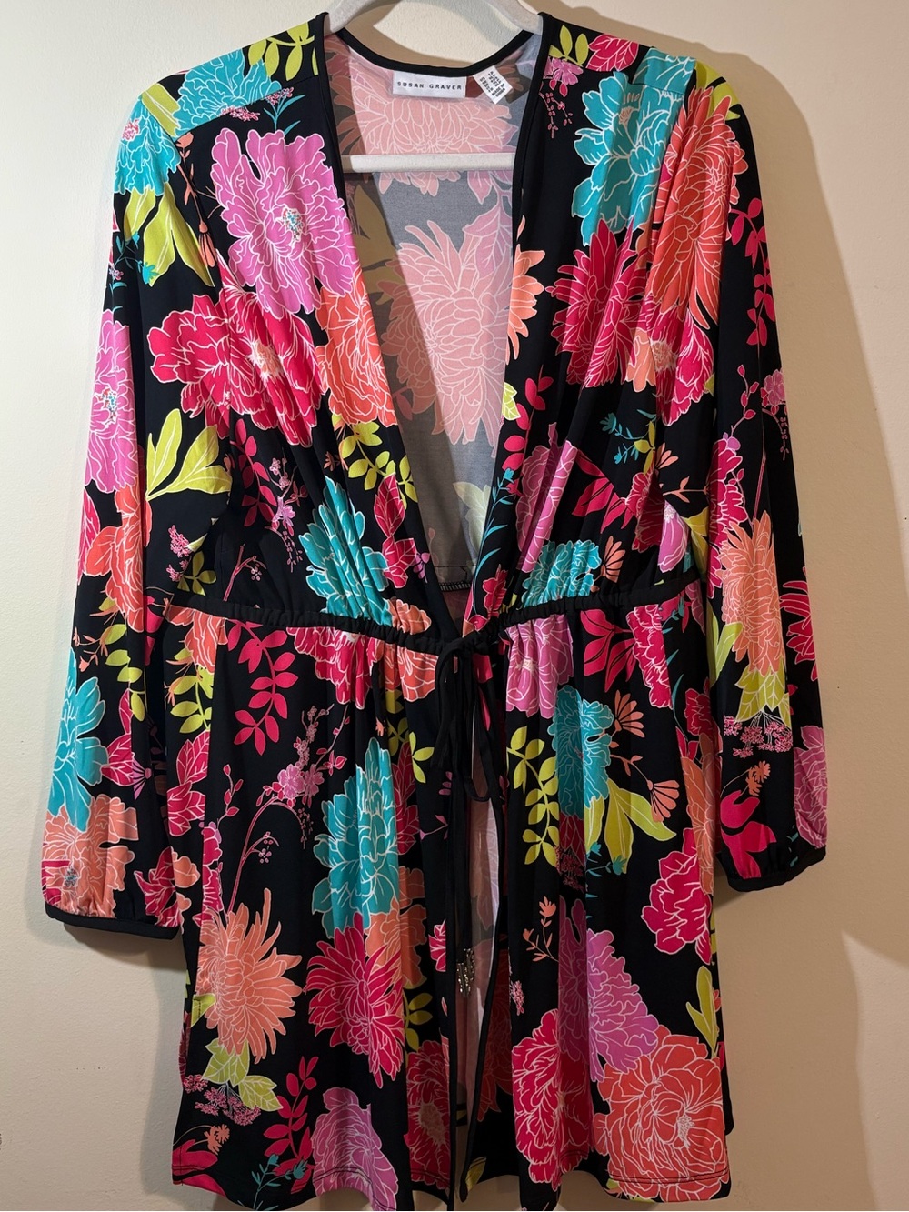 Susan Graver duster cardigan women’s large floral print Tie-Front Kimono coverup